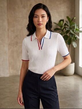 NWT $275 G/Fore Women's Contrast Stripe Ribbed Knit Polo Sweater Size L golf